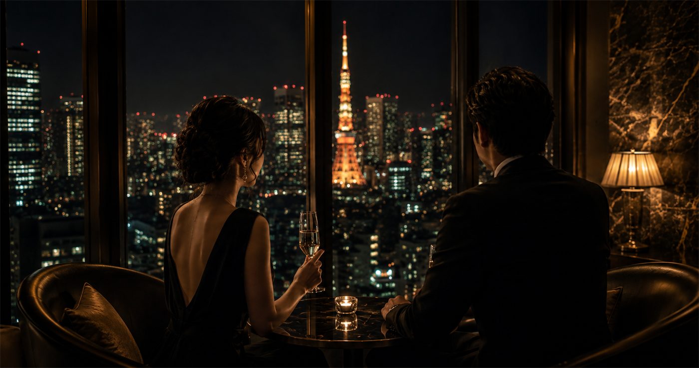 東京タワーの夜景を望むラウンジで向き合う男女｜東京クラス結婚相談所（イメージ）