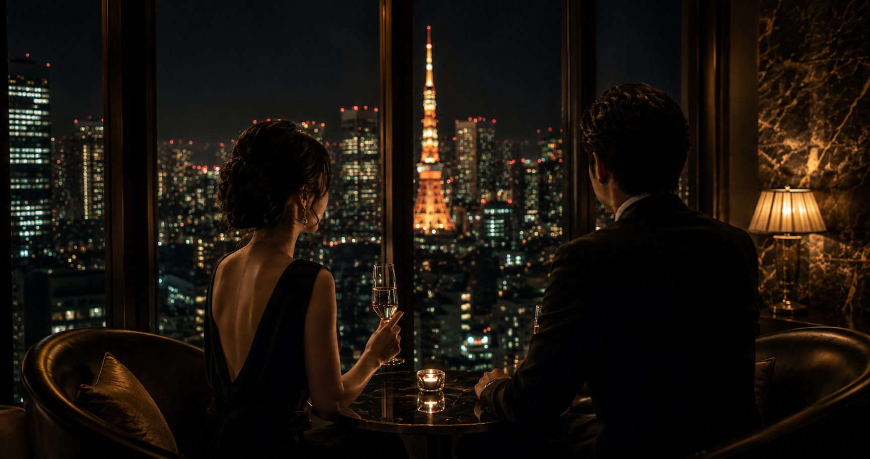 東京タワーの夜景を望むラウンジで向き合う男女｜東京クラス結婚相談所（イメージ）